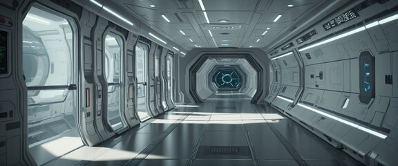 Space station or spaceship scifi style corridor or room. . Ultra modern sci-fi design. 