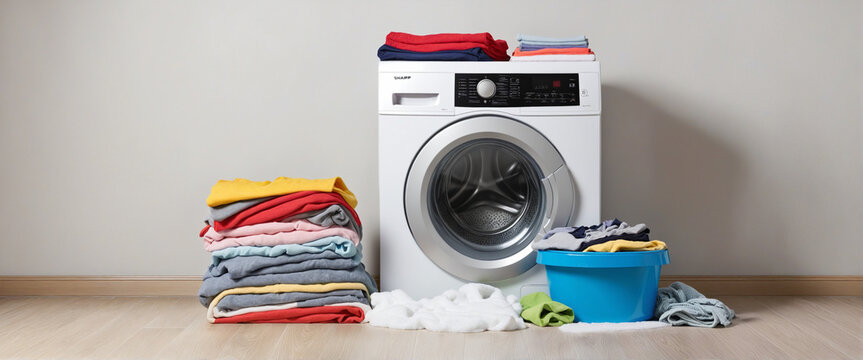 washing machine with pile of clothes and foam as wide banner for buying new washing machine or household work with copy space area