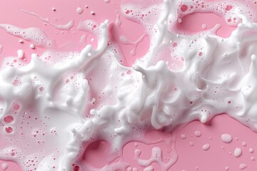 A close-up view of a white washing foam smudge on a bright pink background, creating a playful and abstract composition. The foam's texture and shape add a sense of movement and energy to the image.