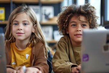 Two concentrated children using a laptop for educational purposes in a school