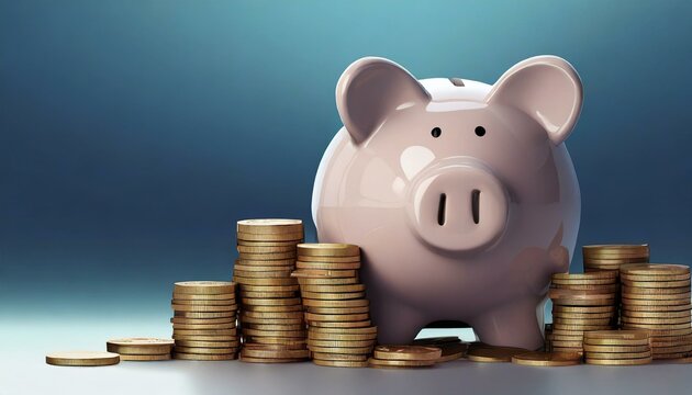 Illustration of a piggy bank with stacks of coins on blue background with space for text.
