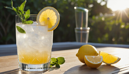 Refreshing summer cocktail with ice, lemon, and mint leaf 
