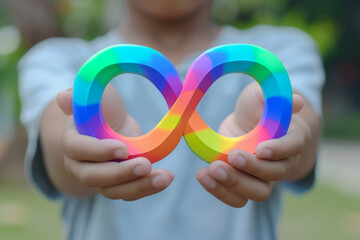 Boy hands holding autism infinity rainbow symbol sign. World autism awareness day, autism rights movement, neurodiversity, autistic acceptance movement - obrazy, fototapety, plakaty