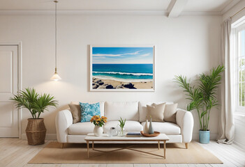 Living area with a coastal theme. White mock wall with comfortable interior of a home. Image in the Hamptons.  - obrazy, fototapety, plakaty