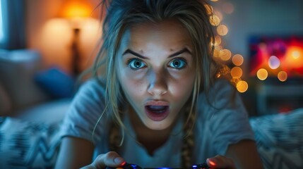 Online video game female player lost tournament. Young woman plays computer games at home. The player is upset about the defeat. 