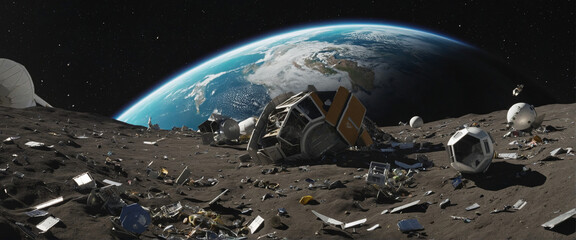 Space junk, space debris, floating in space, or earth atmosphere. galactic junk. 