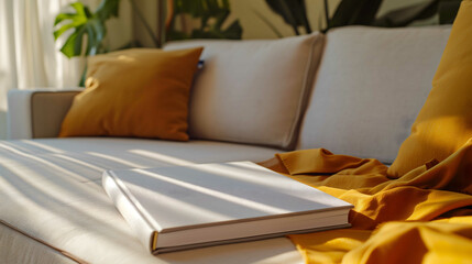 a book placed on a bed with white linen, illuminated by the gentle morning light filtering through the curtains