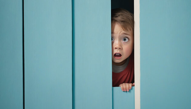 worried little boy scared hiding and peeking from behind a blue wall with copy space area