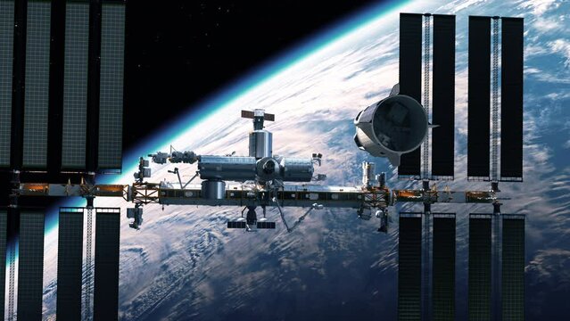 Commercial spacecraft is about to dock with the international space station. 3d animation. 4k.