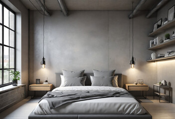 bedroom interior in a loft apartment. minimalist decor in an industrial and Scandinavian design. Grey pillows on a double bed.  - obrazy, fototapety, plakaty