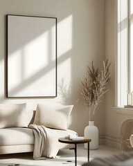 Un cadre photo vide blanc maquette minimaliste sur un mur avec des meubles en arriere-plan.