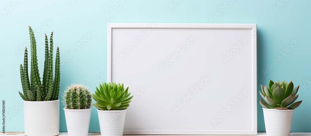Poster a white rectangular frame is adorned with potted houseplants on a wooden shelf near the window, crea