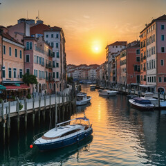 sunset in a beautiful city with boats in a river - obrazy, fototapety, plakaty