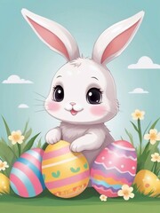 Obraz premium Cute holiday greeting card illustration for Easter with a cute cartoon Easter bunny. Happy Easter cute poster, banner art design