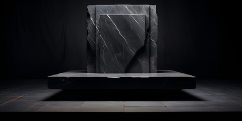 Pedestal de mármore iluminado com fundo preto, Un fondo negro con una gran roca en el medio. - obrazy, fototapety, plakaty
