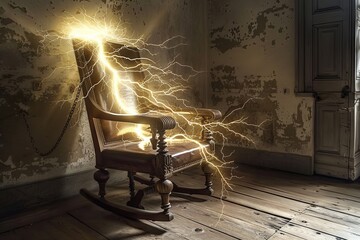 Illustration of an electric chair in an abandoned room, engulfed in lightning.
Concept: Mystical scenes and horrors of execution, electric voltage sentence, psychological thrillers - obrazy, fototapety, plakaty