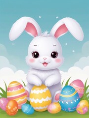 Obraz na płótnie Canvas Cute holiday greeting card illustration for Easter with a cute cartoon Easter bunny. Happy Easter cute poster, banner art design
