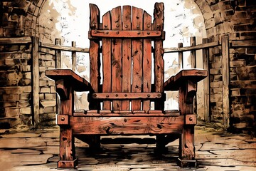 Illustration of an electric chair in an abandoned room, engulfed in lightning.
Concept: Mystical scenes and horrors of execution, electric voltage sentence, psychological thrillers