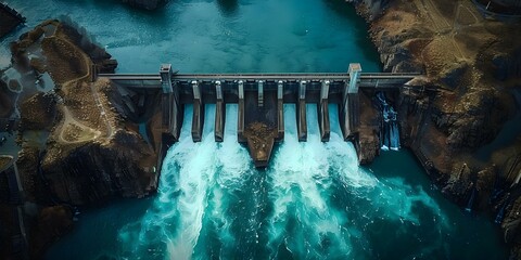 Aerial view of a majestic dam with water cascading over it showcasing the power and beauty of nature and engineering. Concept Nature Photography, Engineering Wonders, Majestic Landscapes - obrazy, fototapety, plakaty