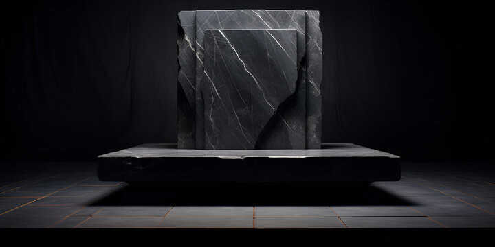 Pedestal de mármore iluminado com fundo preto, Un fondo negro con una gran roca en el medio.