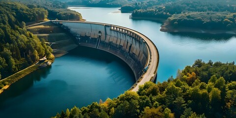 Aerial view of Orlik Reservoir the largest hydroelectric dam in Czech Republic a major European renewable energy source. Concept Renewable Energy, Orlik Reservoir, Hydroelectric Dam, Aerial View - obrazy, fototapety, plakaty