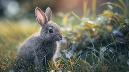 cute / sweet bunny / rabbit, sunlight, gras, eastern, spring, copy and text space, 16:9