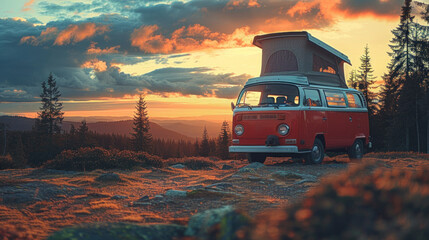  Vintage camper van in beautiful nature at sunset, A concept of freedom, adventure, and the joy of travel - obrazy, fototapety, plakaty