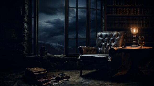 A dark library with a large window looking out onto a stormy night sky. There is a leather chair in the foreground, a table with a lamp, and books scattered on the floor.