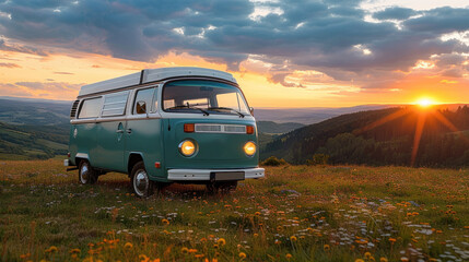 Fototapeta na wymiar Vintage camper van in beautiful nature at sunset, A concept of freedom, adventure, and the joy of travel