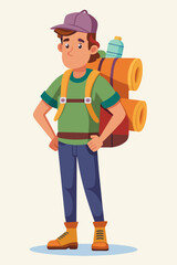 Fototapeta premium Vector illustration of a backpacker with a lot of stuff on its back.