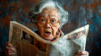 The female pensioner is angry by the news in the newspaper about the rising food prices and lower pensions. Senior old mature woman is sad, confused, surprised. Financial crisis bad news. - obrazy, fototapety, plakaty