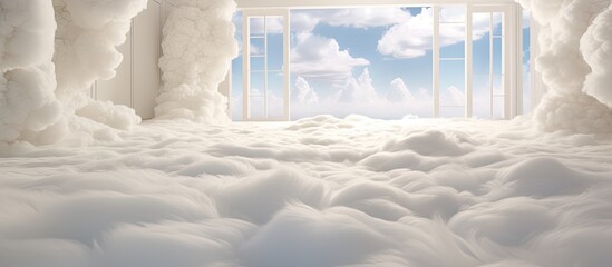 A tranquil room with walls of white cumulus clouds, a window revealing a vast sky and horizon. An artistic portrayal of geological phenomenon in a calm landscape - Powered by Adobe