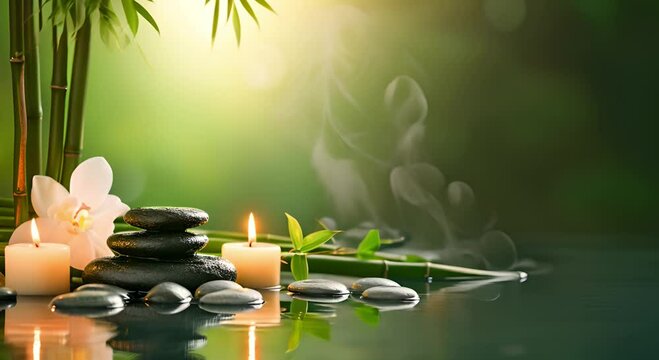 Spa resort zen background with balance of stones, bamboo foliage and calm water and candles. Mental health and yoga and relaxation concept. copy space.