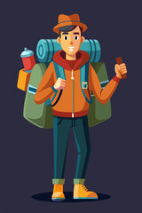 Fototapeta premium Vector illustration of a backpacker with a lot of stuff on its back.