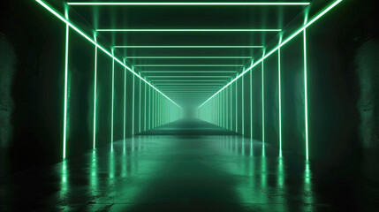 Modern concrete tunnel with green led light, abstract dark garage background. Theme of warehouse, hall, room interior, perspective, technology