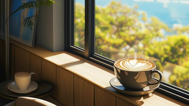 Coffee in the window animation with relaxing atmosphere. seamless looping time-lapse animation background
