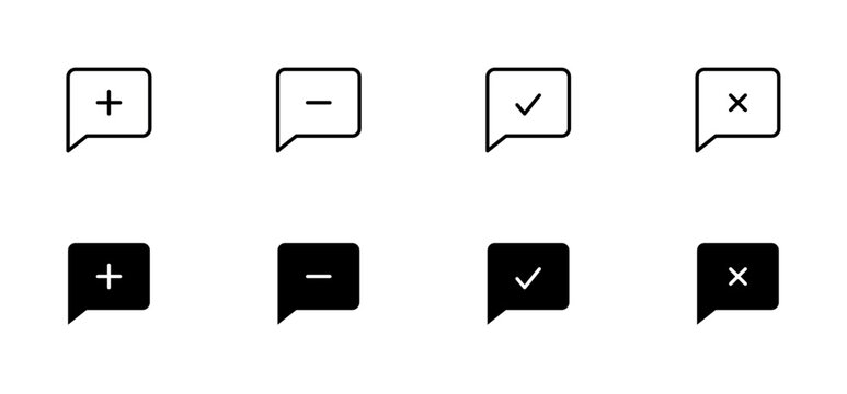 Chat icon set. Chat plus, minus, right, wrong, comment plus, comment minus, comment upload, comment download, chat box, chat, communications. Editable stroke. Vector illustration. 