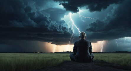 Man and lightning on dark sky during a severe thunderstorm in open field. Anxiety, depression concept