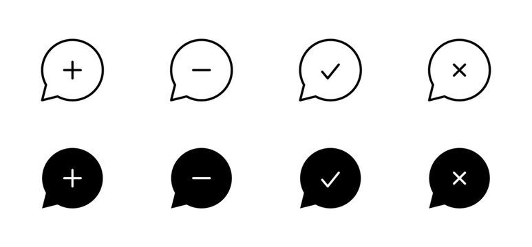 Message icon set. Email and Chat plus, minus, right, wrong, comment plus, comment minus, comment upload, comment download, chat box, chat, communications. Editable stroke. Vector illustration. 