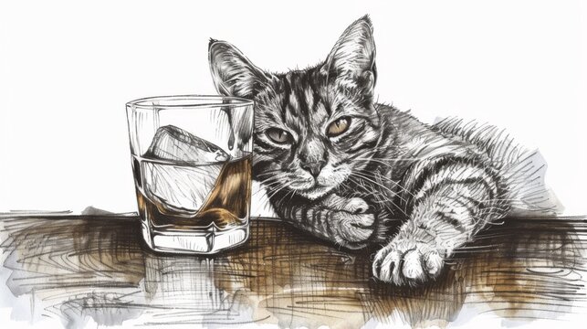A gray tabby cat sits on a bar counter with a glass of whiskey on the rocks in front of him. The cat is looking out at the camera with a curious expression. 