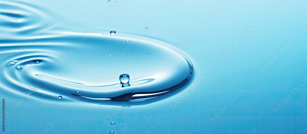 Poster macro photography of a transparent liquid drop on an electric blue surface, creating a mesmerizing c