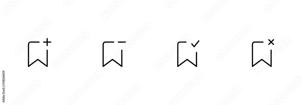 Poster bookmark icon set. save sign collection. bookmark with add, remove, plus, star, check. for the use o