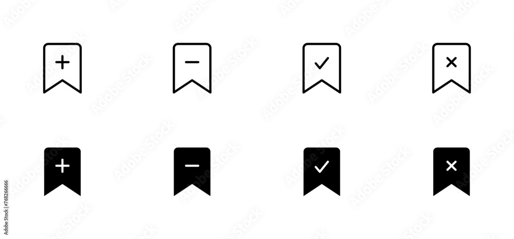 Poster bookmark icon set. save sign collection. bookmark with add, remove, plus, star, check. for the use o