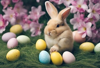 rabbit with colorful eggs on Easter