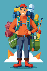 Vector illustration of a backpacker with a lot of stuff on its back.