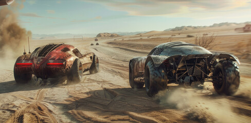 Vintage iron cars drive in desert in future, panoramic view of old vehicle race in post apocalypses. Theme of dystopia, speed, steampunk, movie, future - obrazy, fototapety, plakaty
