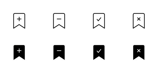 Bookmark icon set. Save sign collection. Bookmark with add, remove, plus, star, check. For the use of UI and mobile app, web site interface. Editable stroke. Vector illustration. 