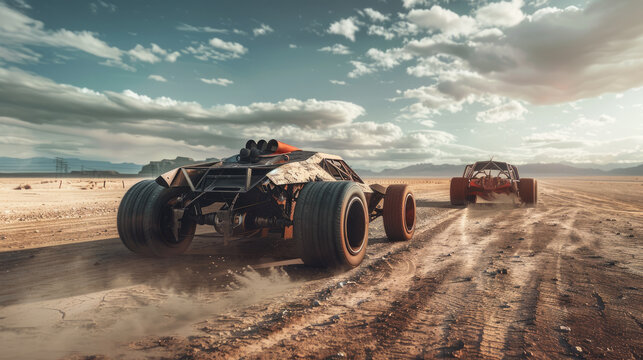 Vintage iron cars drive in desert in future, old vehicle race in post apocalypses. Theme of dystopia, speed, steampunk, fantasy movie,