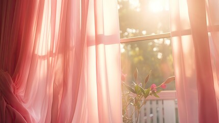 Dreamy image of a pastel-pink curtain on a sunlit window, interior abstract background