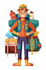 Vector illustration of a backpacker with a lot of stuff on its back.